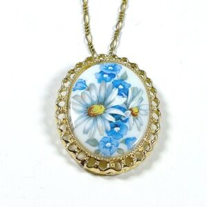 Vintage Monet Blue White Floral Daisy Oval Pendant Necklace Brooch Gold Tone 20"